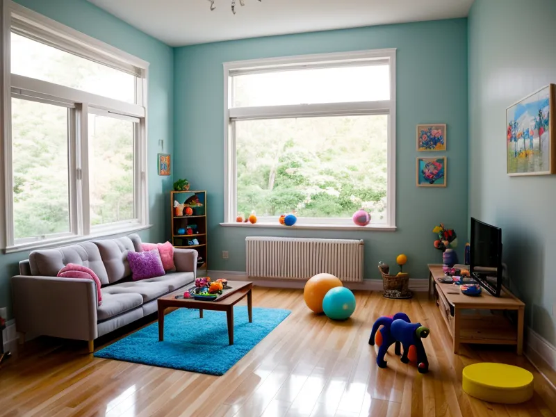 Salon familial avec tapis de sport et jouets d'enfants, décor typique d'un programme fitness femme à la maison.