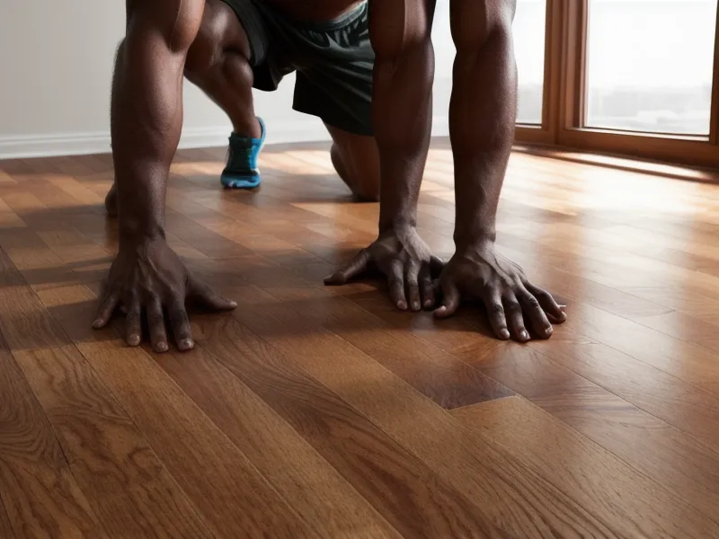 Gros plan sur les mains d'un homme pratiquant des exercices au sol sur du parquet