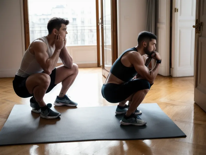 Homme en position de squat profond travaillant son agilité et ses hanches
