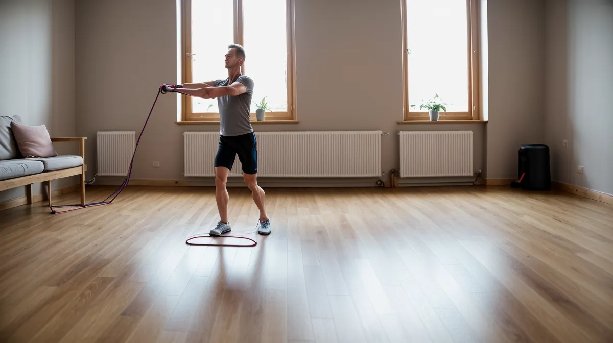Prise de muscle à la maison sans matériel encombrant : guide comparatif pour un homme de 40 ans en pleine séance de musculation maison