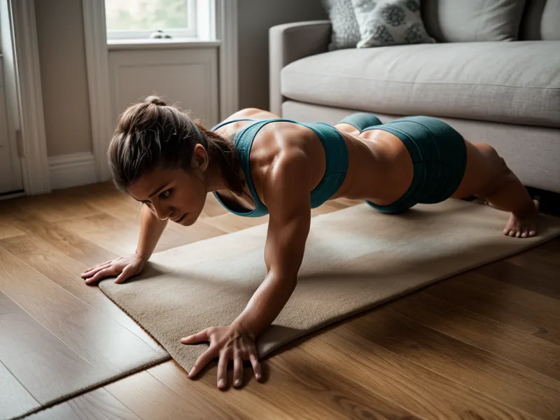 Pompes au poids du corps sur le parquet du salon, exercice clé de la musculation maison pour la prise de muscle sans matériel