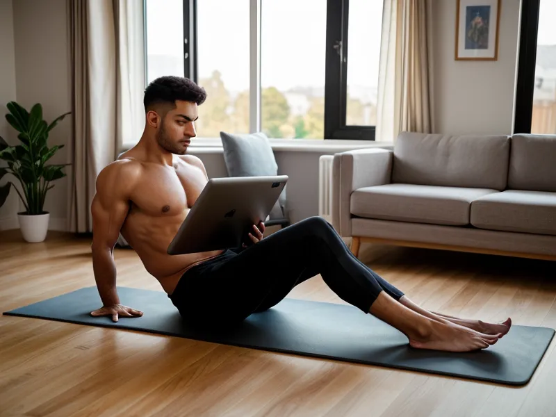 Homme de plus de 40 ans consultant son programme de musculation maison sur tablette pour comparer les options de prise de muscle