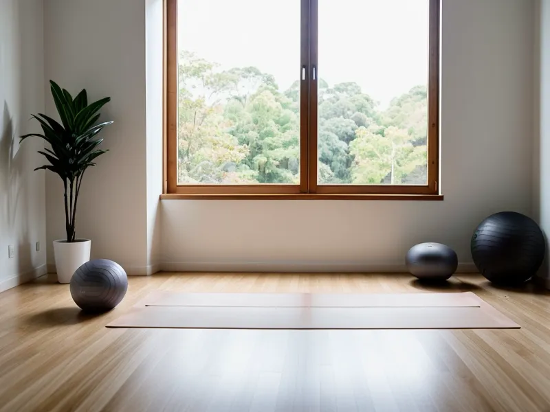 Matériel minimaliste de musculation maison rangé dans un coin de pièce, l'essentiel pour la prise de muscle sans équipement encombrant