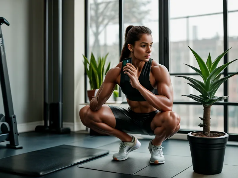 Smartphone diffusant un programme de sport petit espace posé sur une étagère de salon
