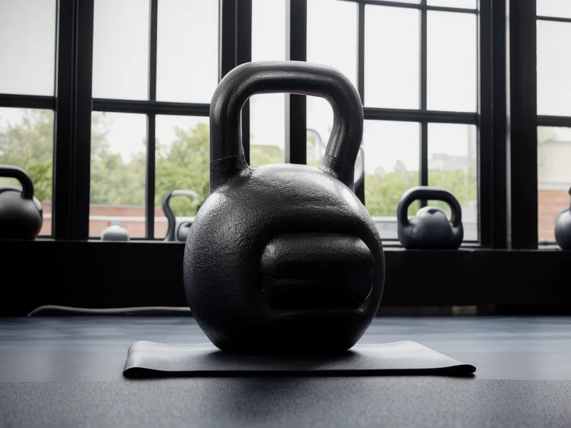 Une kettlebell de 16kg posée sur un tapis de fitness dans un petit salon.