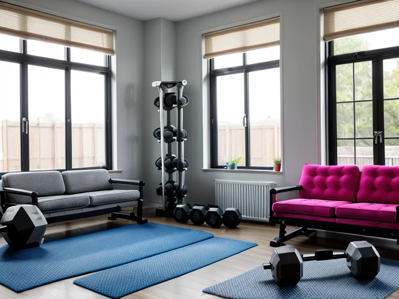 Haltères et élastiques de sport rangés à côté d'un canapé dans un salon familial.