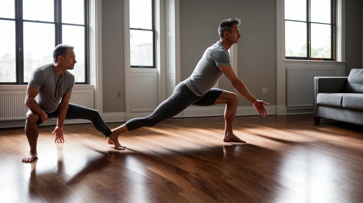Programme de remise en forme maison sans saut testé par un homme dans son salon
