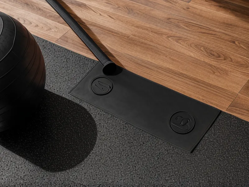 Tapis de sport et pot de plante renversé sur le parquet, illustration d'une séance de musculation maison improvisée.