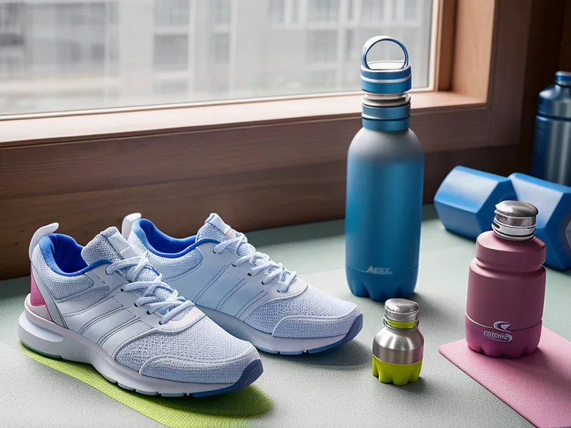 Équipement de sport minimaliste rangé à côté de jouets d'enfants dans un salon.