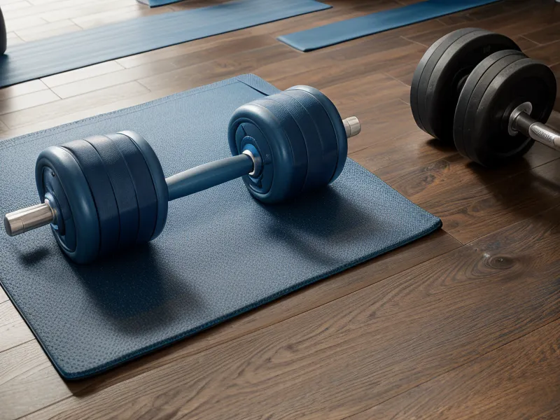 Équipement minimaliste pour un programme de musculation maison en full body, posé sur un tapis de salon.