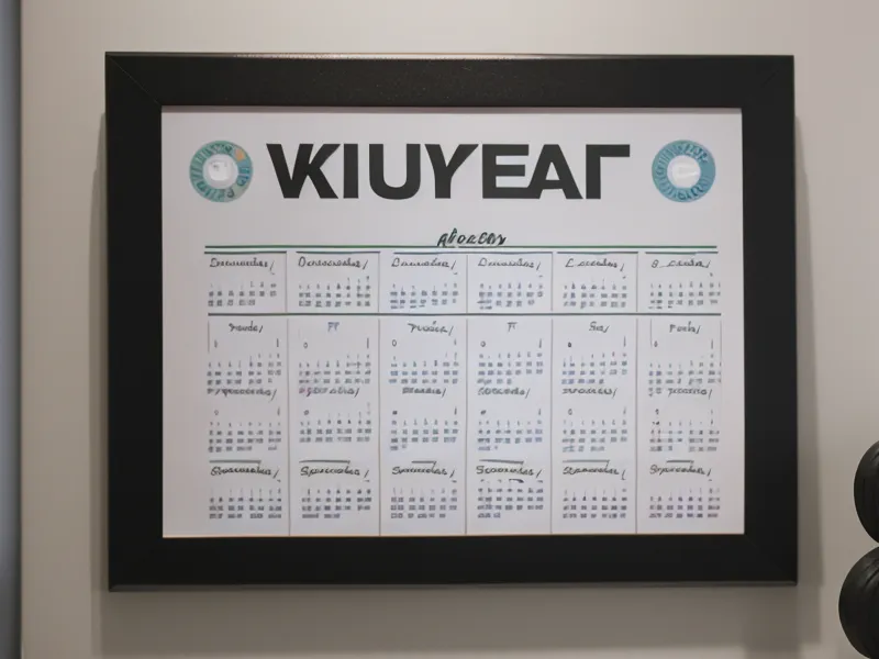 Calendrier d'un programme de musculation maison sur douze semaines, affiché sur un frigo avec les séances cochées.