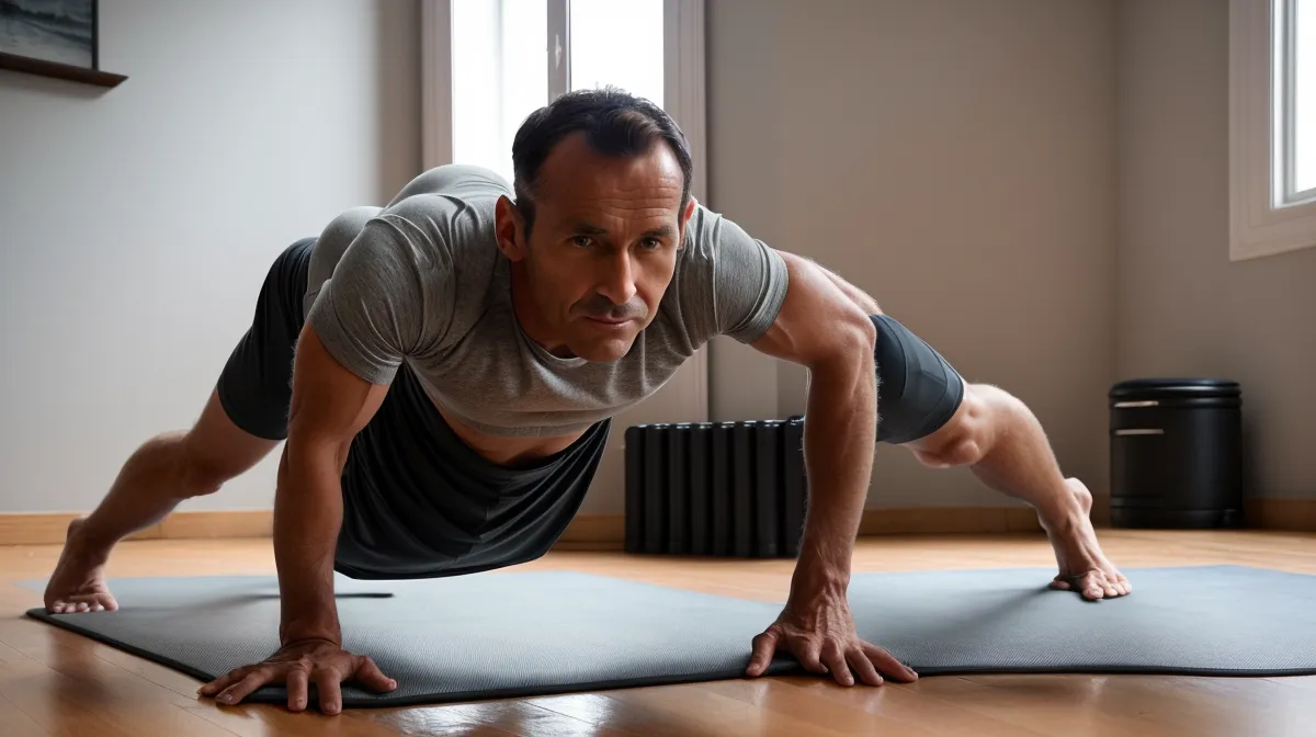 Programme musculation maison ou HIIT pour un quadra : séance de renforcement au poids du corps à la maison.