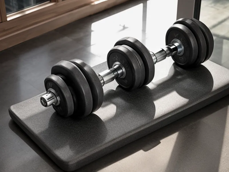 Matériel simple de musculation maison posé au sol, sans salle de sport, pour une séance à domicile.