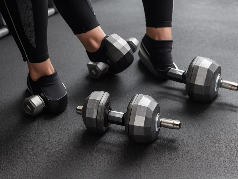 Haltères réglables en fonte pour un programme de musculation maison, posés sur un tapis de sport avant une séance de prise de masse.