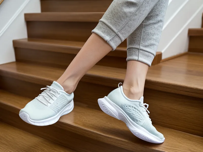Détail de chaussures de sport dans les escaliers d'un immeuble