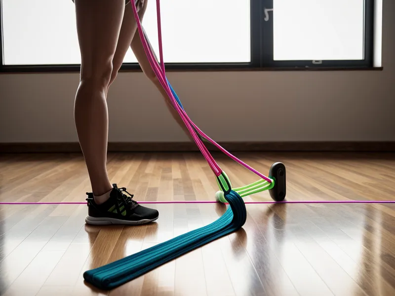 Kit de bandes élastiques de résistance colorées pour un programme de musculation maison débutant, posé sur un parquet