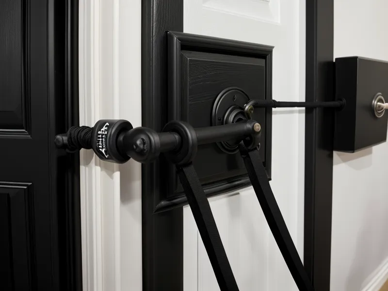 Ancrage de porte de sécurité utilisé pour un programme de musculation maison aux élastiques, fixé au chambranle
