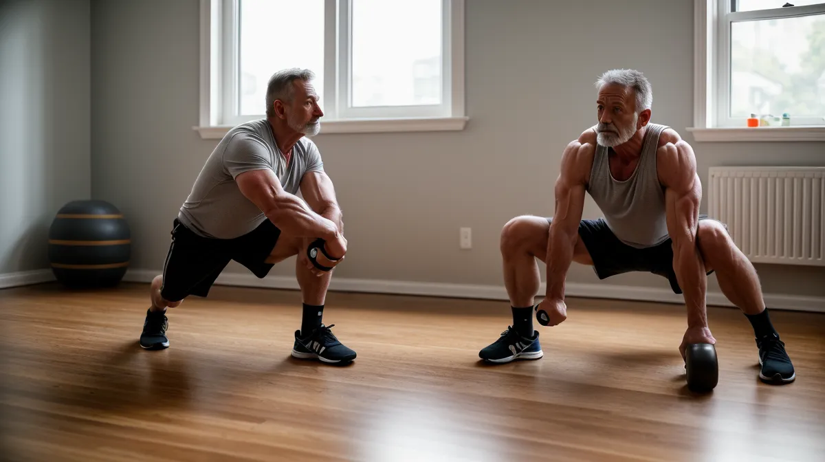Programme de musculation maison avec haltères : séance dans un salon pour un homme de quarante ans