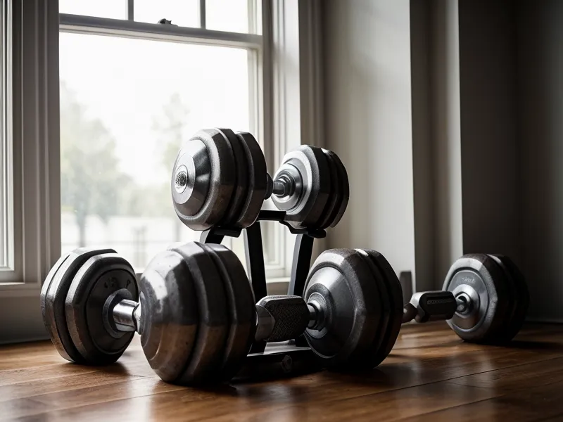 Haltères en fonte posés sur un parquet de salon avant une séance de musculation maison