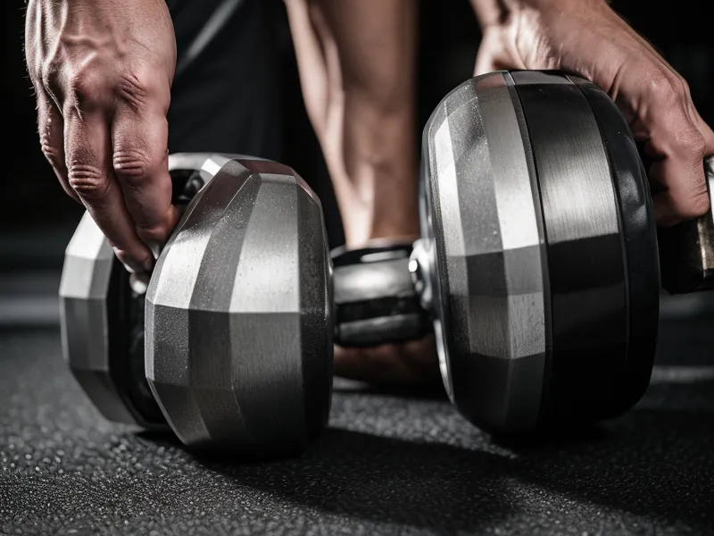 Main qui empoigne la poignée d'un haltère pour démarrer un exercice à la maison