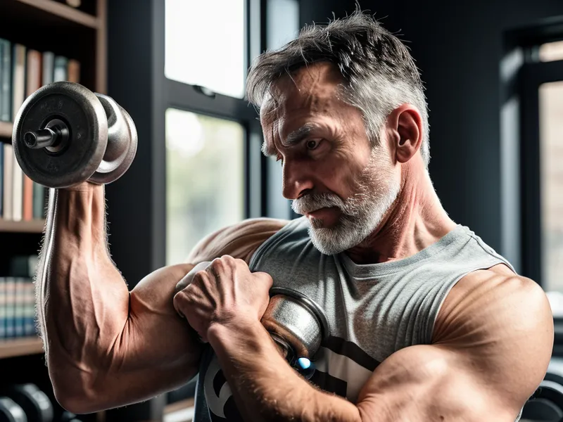 Homme réalisant un mouvement de musculation contrôlé avec haltères à domicile