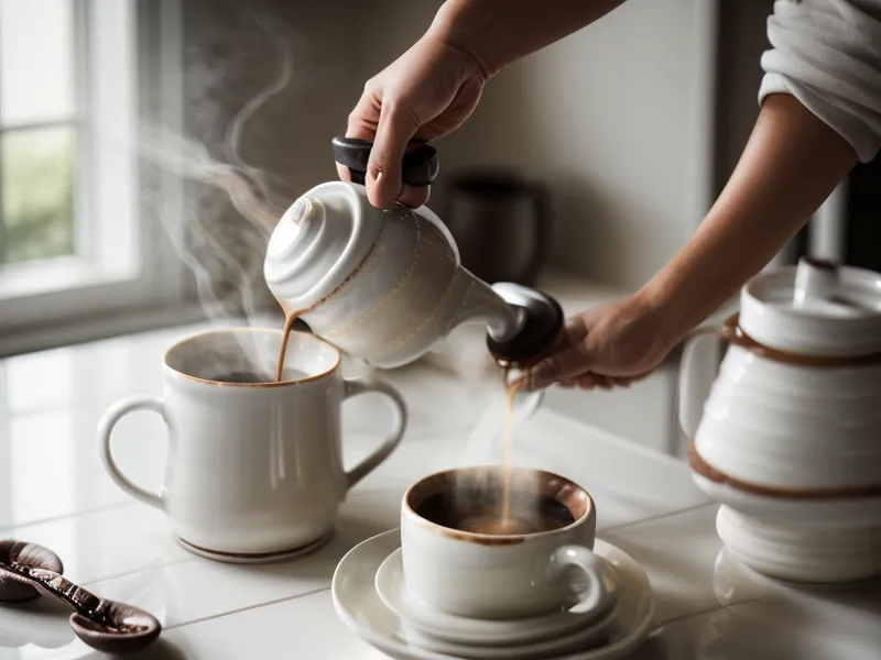 Main versant du café dans la cuisine, le lendemain d'une séance de musculation aux haltères