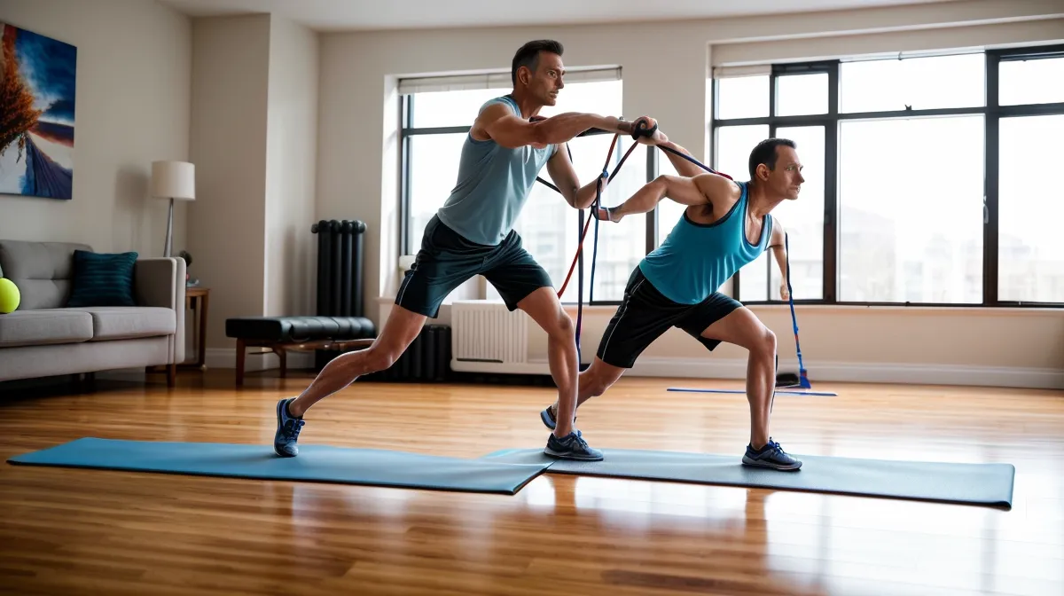 Programme de musculation maison pour homme de plus de 40 ans : squat exécuté sur un parquet de salon