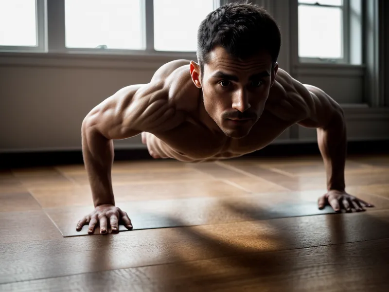 Mains posées sur un parquet de salon pendant une séance de musculation maison pour homme de 40 ans