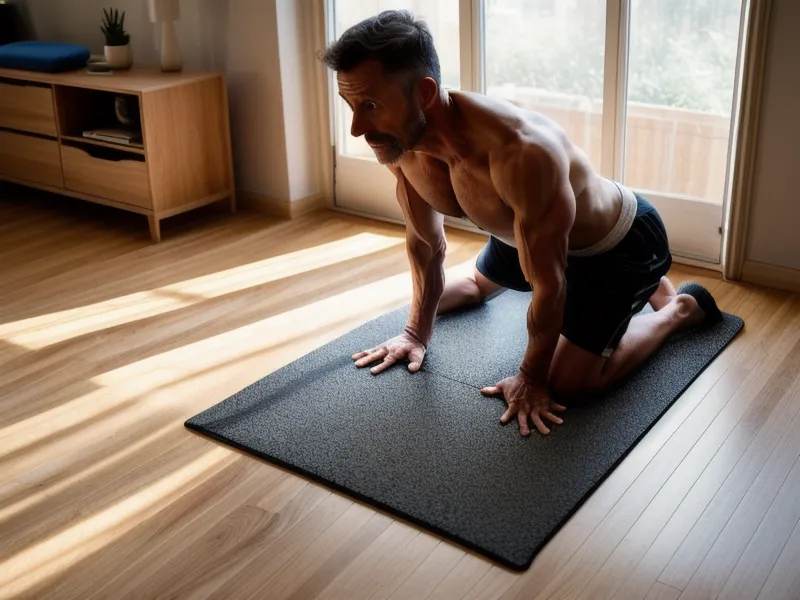 Tapis de fitness maison bleu sur parquet de salon, matériel minimal pour un programme de perte de poids homme