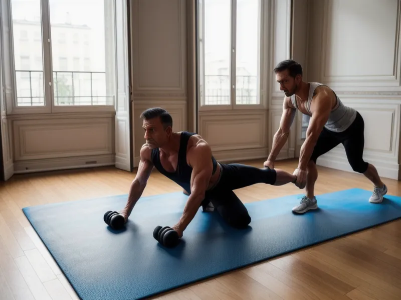 Bouteille d'eau et tapis de sport dans un salon familial, séance de fitness maison pour débutant