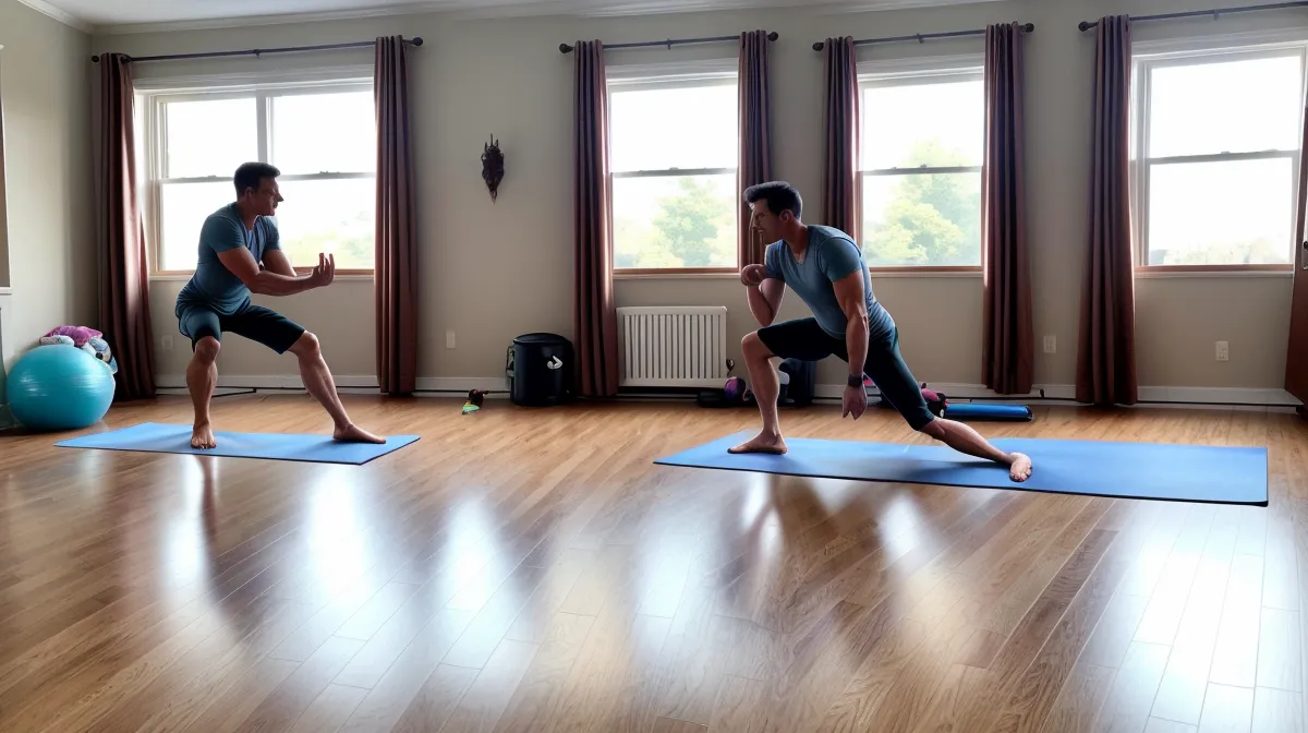 Père de famille en pleine séance de sport à la maison, remise en forme casée entre le travail et les enfants
