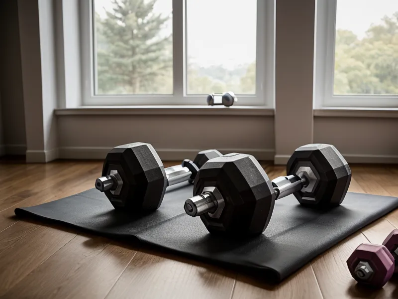 Matériel simple pour un programme de musculation débutant, posé à côté de jouets d'enfants sur le parquet