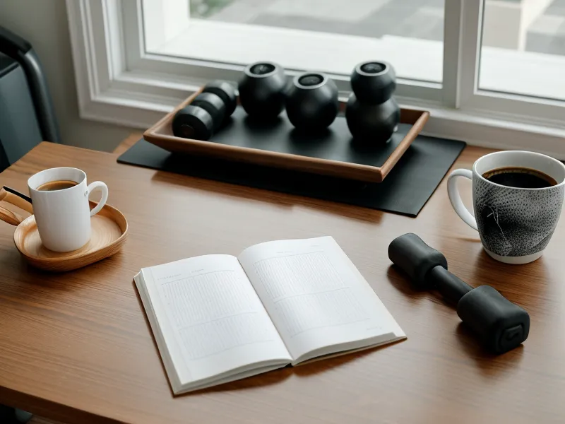Programme de musculation à la maison imprimé sur une table basse, à côté d'un café du matin