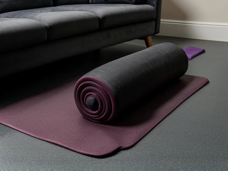 Tapis de sport délaissé sous un canapé de salon, signe d'un programme maison abandonné