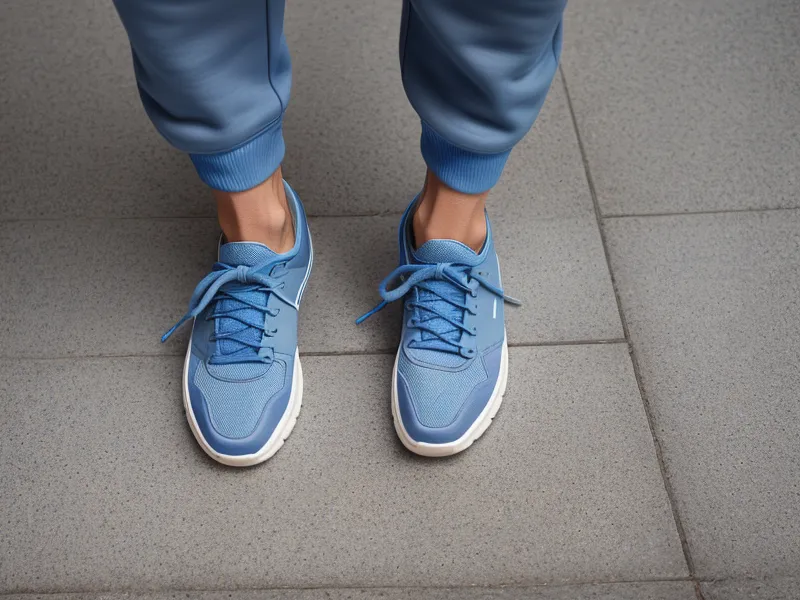 Pieds en baskets sur le carrelage du salon pendant une séance de sport débutant à la maison